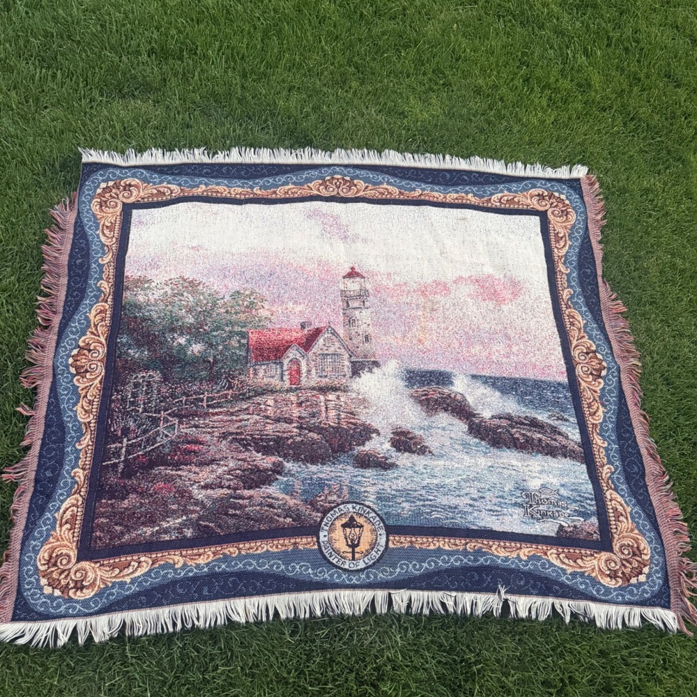 B+ Thomas Kinkade Painter of Light Lighthouse Woven Tapestry Throw Blanket 48x60